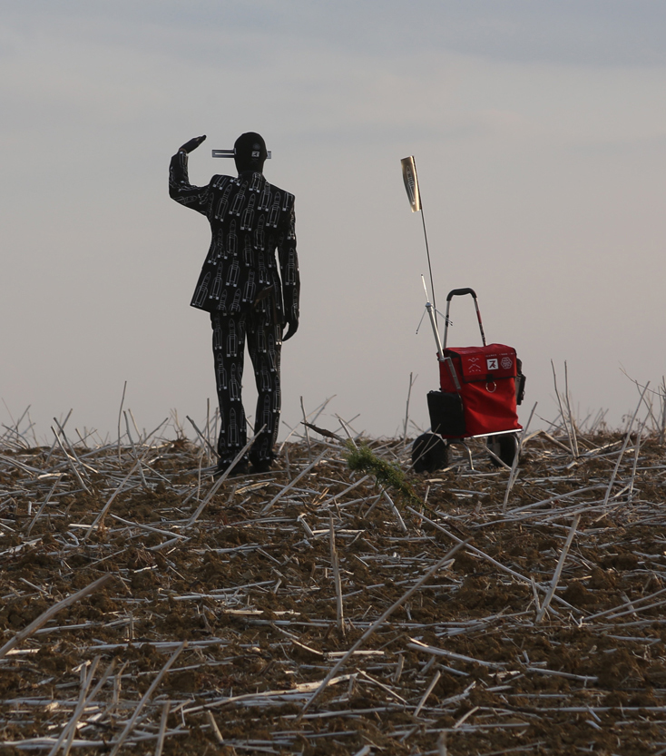 Photo d'une performance artistique dans un champ de tournesols dans le village de Le Vaux.